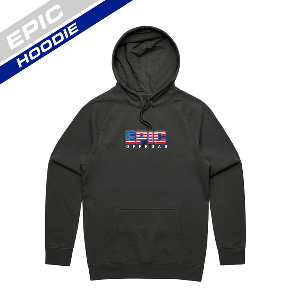 Black hoodie with 'Epic Offroad US Flag' logo on a white background